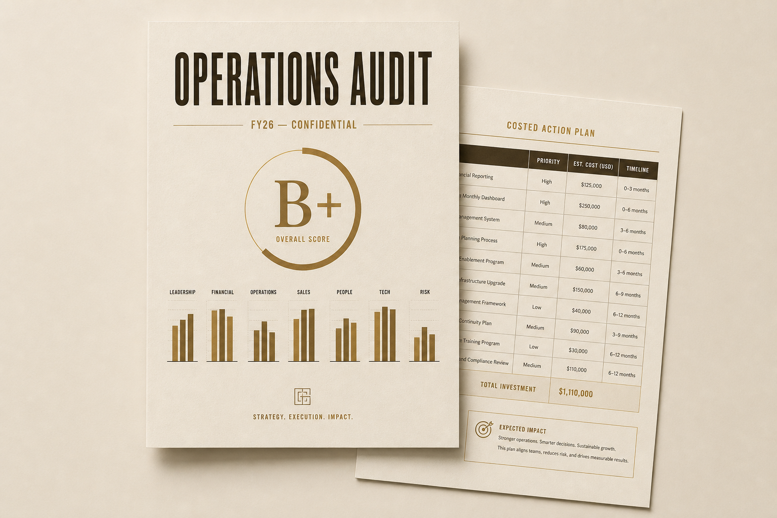 Sample Bearfoot Ventures Operations Audit report — cover page with overall grade and category scores, plus a costed 90-day action plan